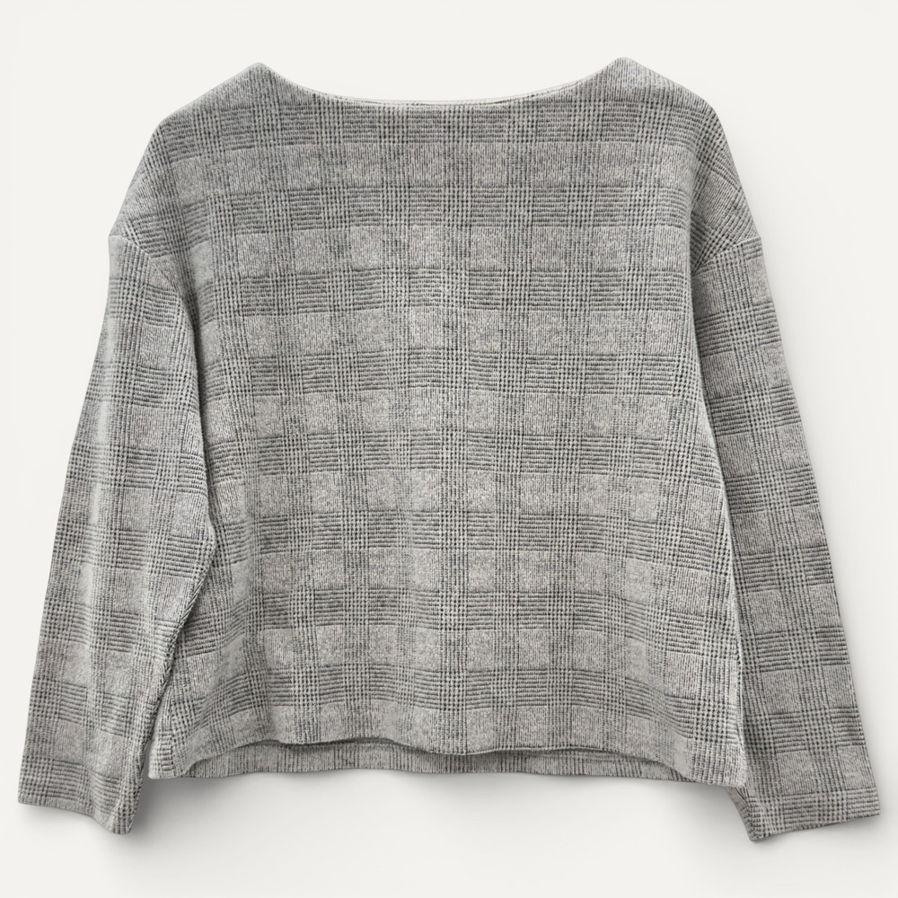 H&M Gray Plaid Half Zip Pullover S Cotton Blend Textured Sweater Top Zipper Back